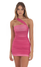Mesh Asymmetrical One Shoulder Dress in Pink
