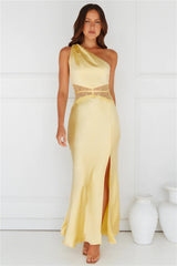 Show You Love One Shoulder Satin Maxi Dress Yellow