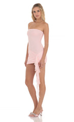 Mesh Strapless Tassel Dress in Pink