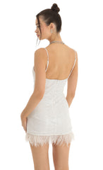 Sequin Feather Fringe Bodycon Dress in White