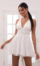 Plunge A-Line Dress in White Daisies