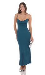 Ruched Cowl Neck Maxi Dress in Teal