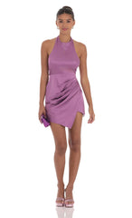 Satin Halter High Neck Dress in Purple