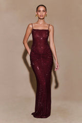 Roisin Diamante Satin Maxi Dress - Mahogany