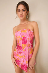 Sensational Excellence Pink Jacquard Strapless Skort Romper