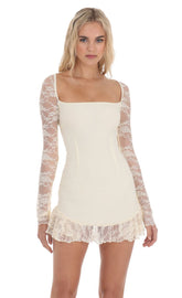 Long Lace Sleeve Ruffle Dress in Cream