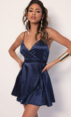 Satin A-Line Wrap Dress in Navy