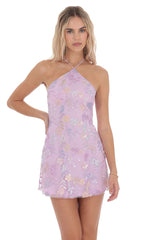 Floral Sequin Halter Dress in Lavender