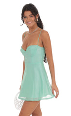 Foiled Mesh Corset A-line Dress in Seafoam Green