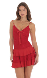 Lace Ruffle Bow Dress in Red