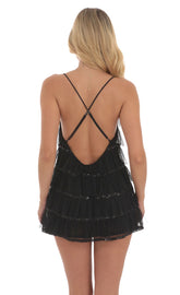 Mesh Sequin Ruffles Dress in Black