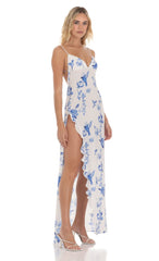 Floral Ruffle Slit Maxi Dress in White