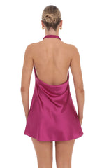 Satin Cross Halter Dress in Magenta
