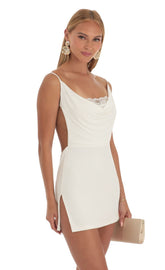 Lace Cowl Neck Dress in White