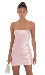 Satin Pearl Open Back Dress in Pink