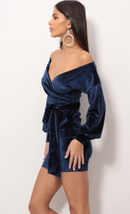 Off The Shoulder Velvet Dress in Navy