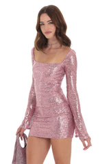 Sequin Long Sleeve Bodycon Dress in Pink