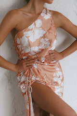 Casa Del Mar One-Shoulder Ruched Midi Dress Floral Blush