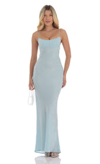 Satin Open Back Maxi Dress in Light Blue