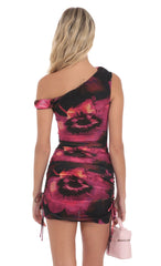 Floral Off Shoulder Ruched Bodycon Dress in Pink and Black