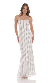 Polka Dot Open Back Maxi Dress in White