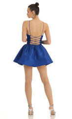 Satin Ruched Front Cross Dress in Blue