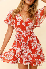 Cami Angel Sleeve Faux Wrap Dress Abstract Floral Print Rust