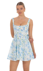 Floral Open Back Flare Dress in White and Blue