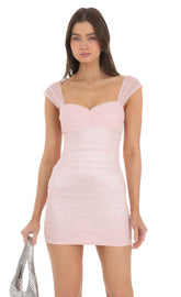 Mesh Ruched Bodycon Dress in Pink
