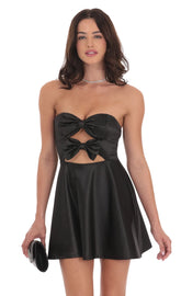 Satin Double Bow Cutout Dress in Black