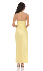 Satin Halter Flower Maxi Dress in Yellow