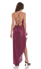 Foiled Asymmetrical Maxi Dress in Plum