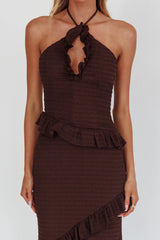 Clemence Smocked Frill Trim Maxi Dress Chocolate