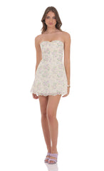Eyelet Floral Strapless Dress in Ivory