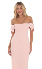 Off Shoulder Bow Sleeve Maxi Dress in Pink