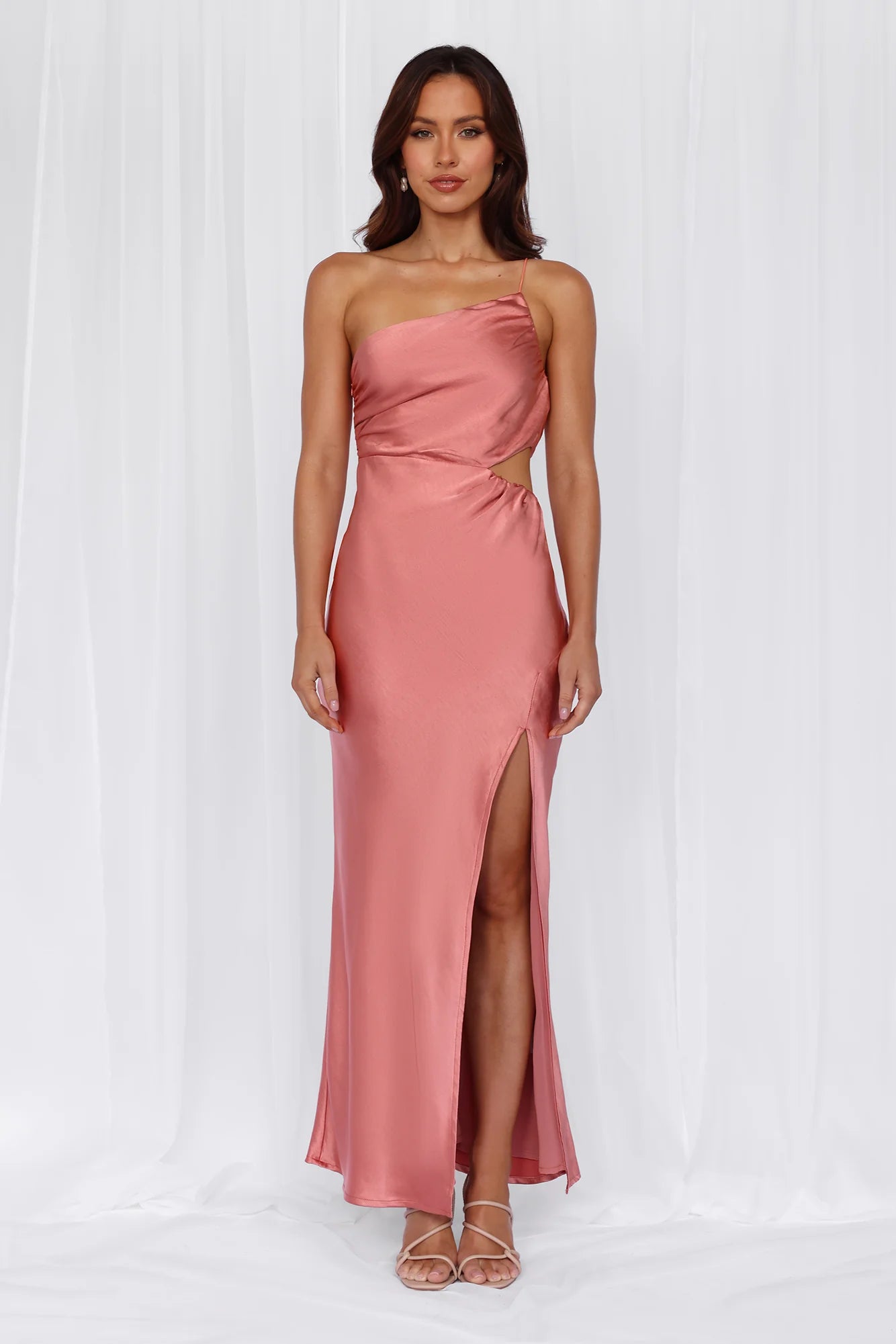 HELLO MOLLY The Opal One Shoulder Satin Maxi Dress Rose
