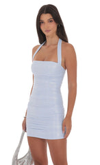 Ruched Foil Mesh Bodycon Dress in Light Blue