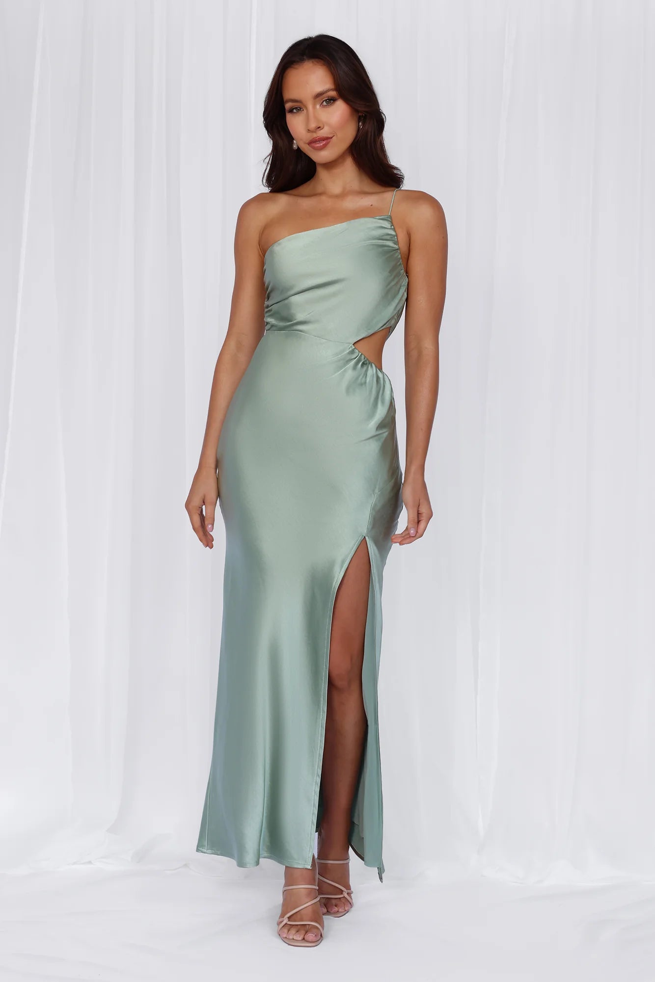 HELLO MOLLY The Opal One Shoulder Satin Maxi Dress Sage