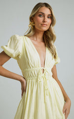 Portofino Midi Dress - V Neck Puff Sleeve Dress in Yellow