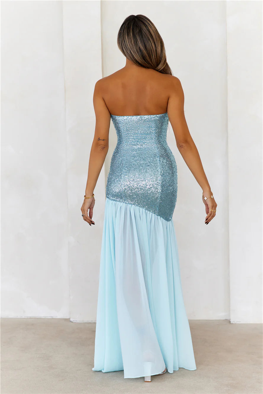 HELLO MOLLY Extravagant Couture Sequin Strapless Maxi Dress Aqua