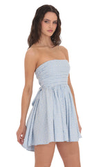 Floral Strapless A-line Dress in Gingham Blue