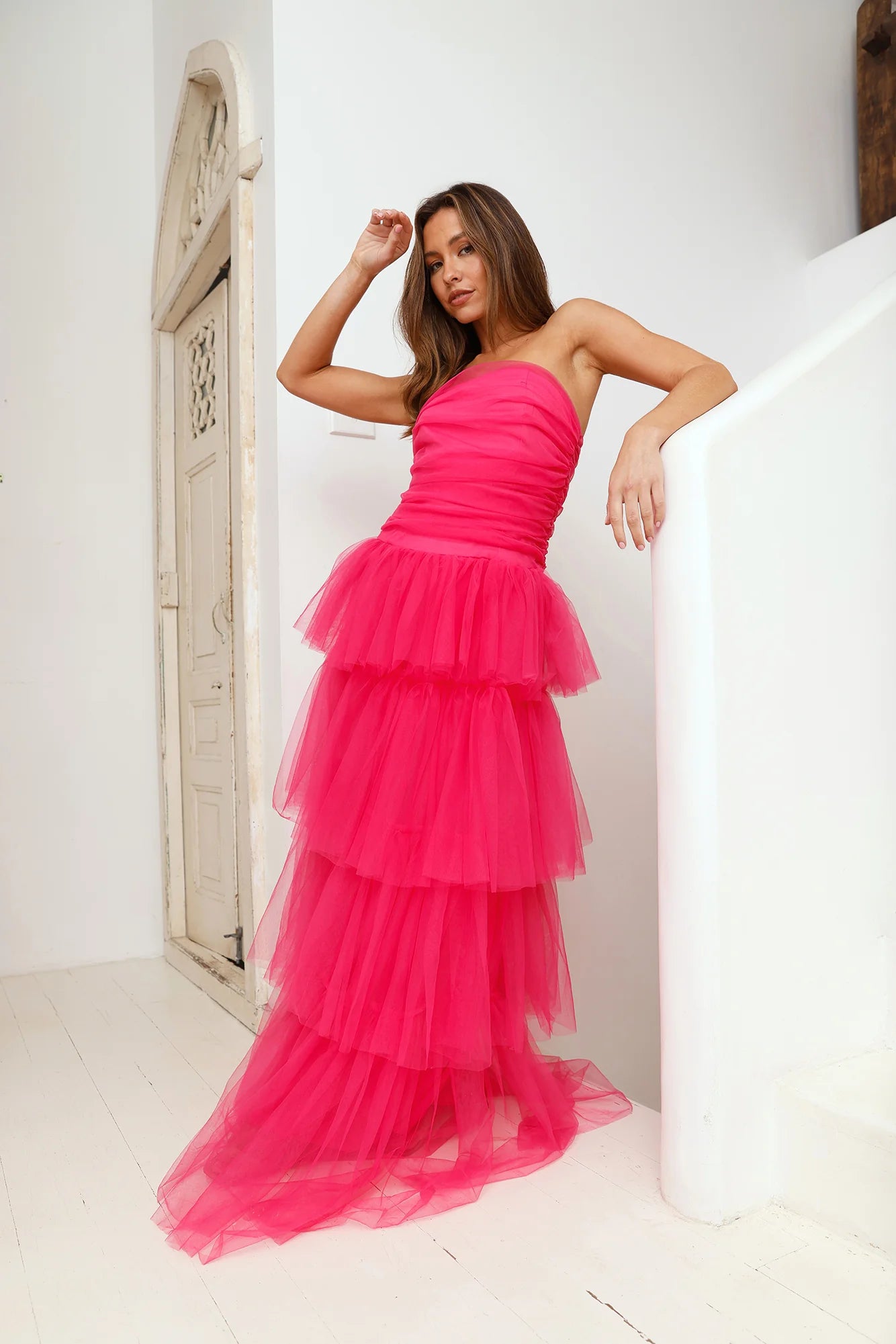 HELLO MOLLY Hidden Opal Strapless Tulle Maxi Dress Hot Pink