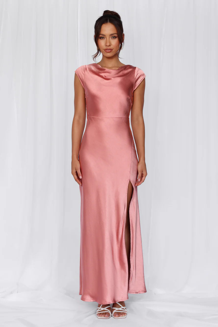 HELLO MOLLY The Valentina Cap Sleeve Satin Maxi Dress Rose