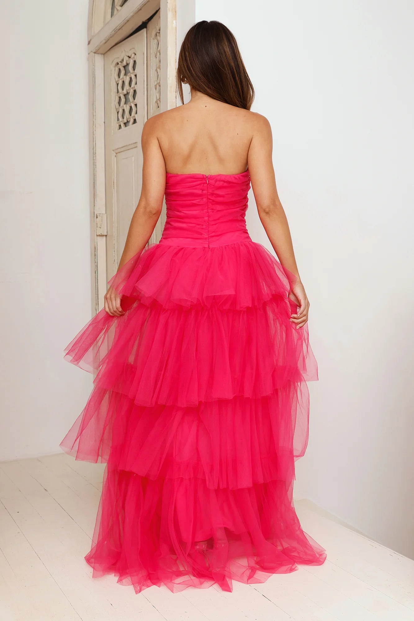 HELLO MOLLY Hidden Opal Strapless Tulle Maxi Dress Hot Pink