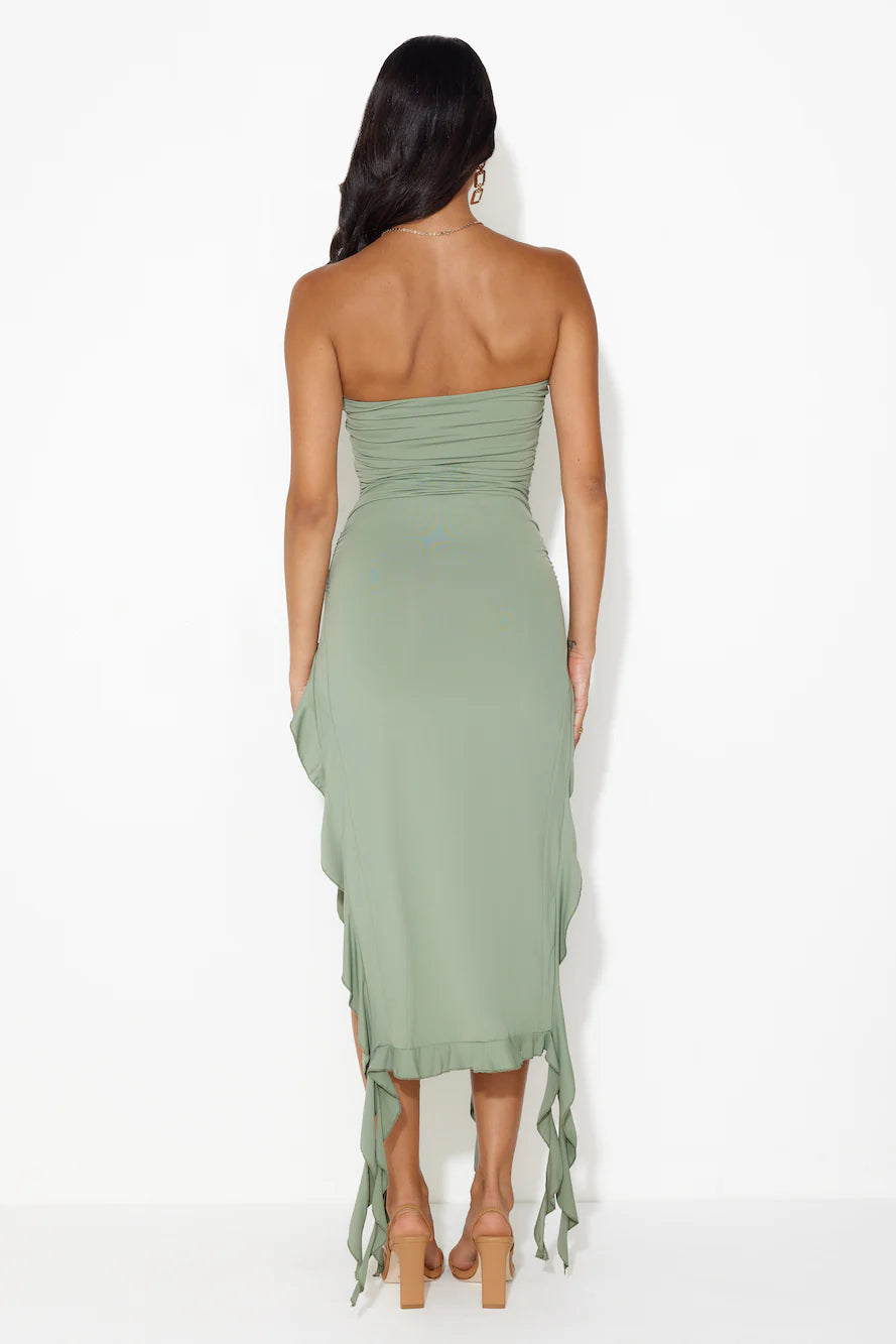HELLO MOLLY All The Frills Strapless Midi Dress Khaki