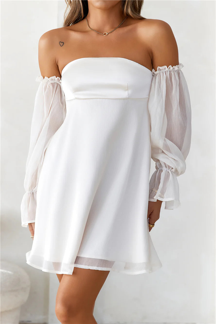 HELLO MOLLY Delicate Soul Off Shoulder Mini Dress Beige