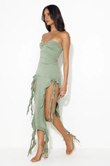 HELLO MOLLY All The Frills Strapless Midi Dress Khaki