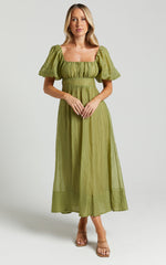 Roshina Midi Dress - Straight Neck Puff Sleeve Dress in Olive