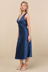 Incredible Love Navy Satin Cowl Back Midi Slip Dress