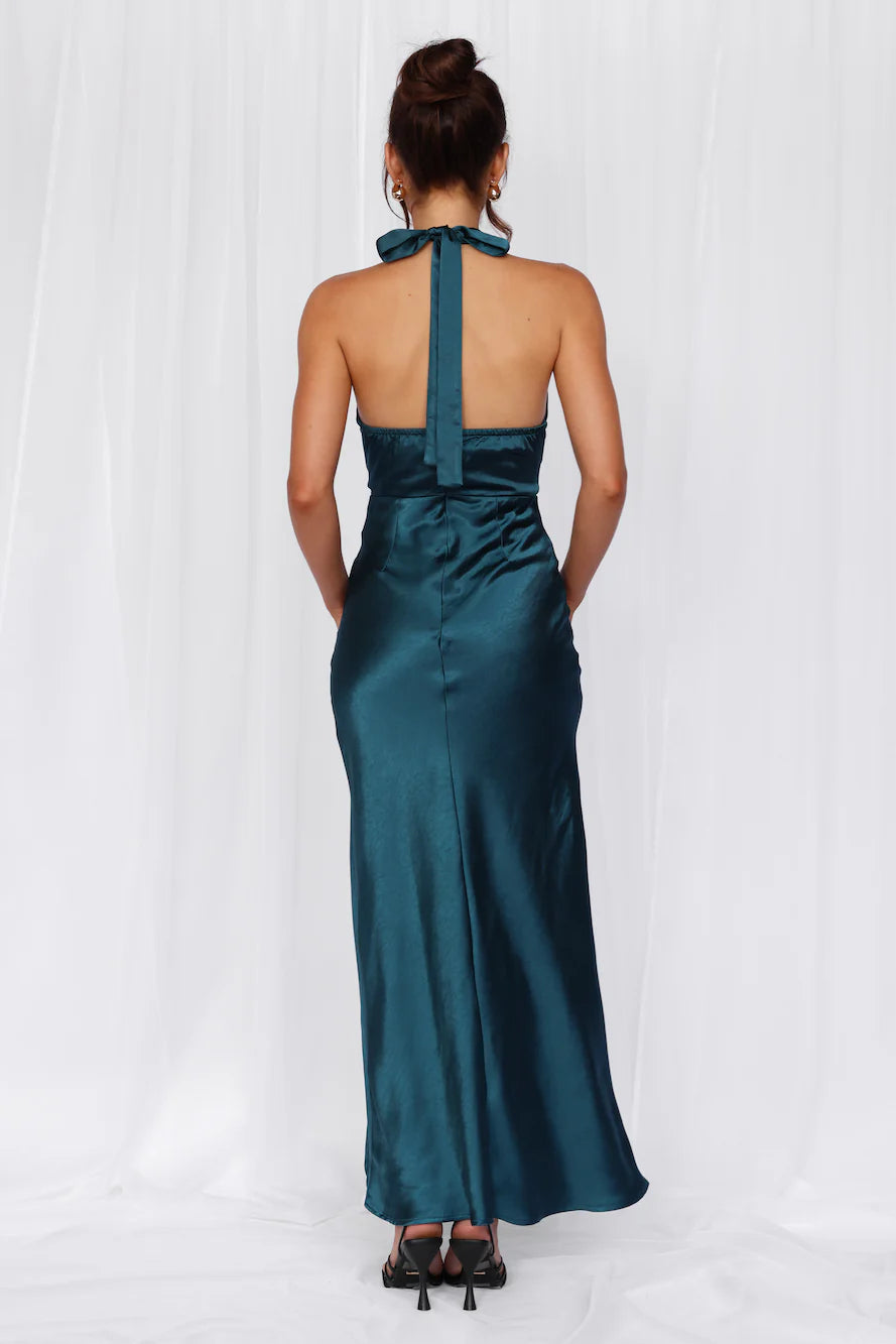 HELLO MOLLY The Adeline Halter Satin Maxi Dress Teal